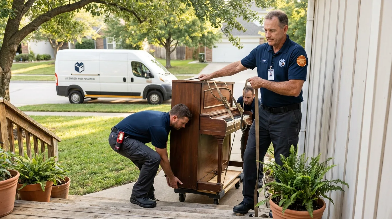 Licensed piano movers securing grand piano in Luttrell, TN